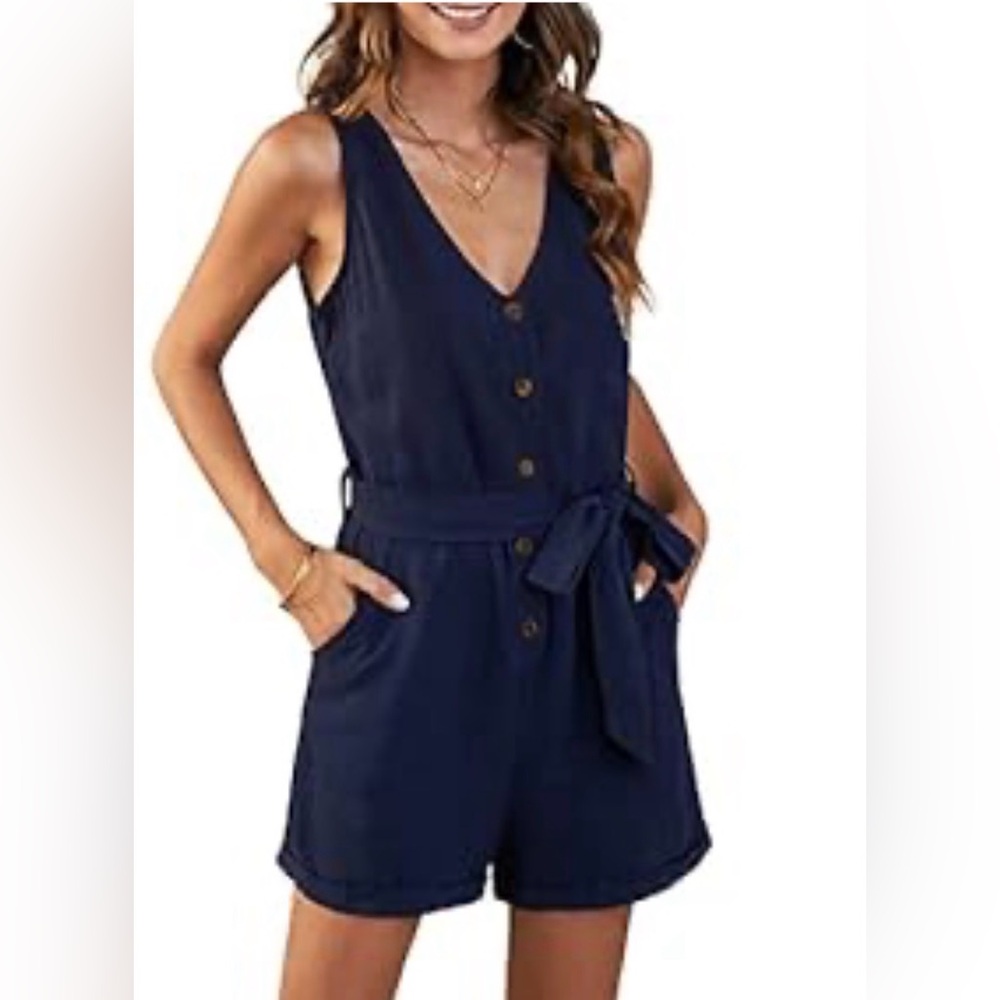 Sleeveless Navy Button-Front Belted Romper size xxl 2xl 16/18